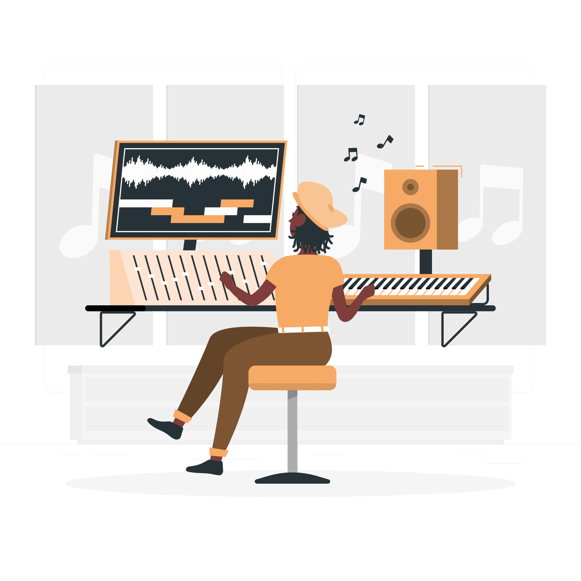 Illustration of a composer creating music, representing CMMG's collaboration with African and international musicians